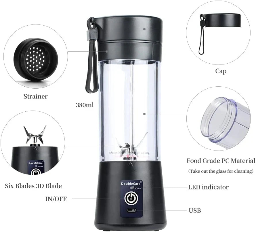 Portable Juicer Blender | USB Rechargeable | 6 Blades | 380ML