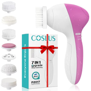 COSLUS Facial Cleansing Brush Silicone Face Scrubber: 7 in 1 FBS-D Electric Exfoliating Rotating Massage Device Waterproof Deep Cleaning Exfoliation Spa Machine - Electronic Skin Care Wash System